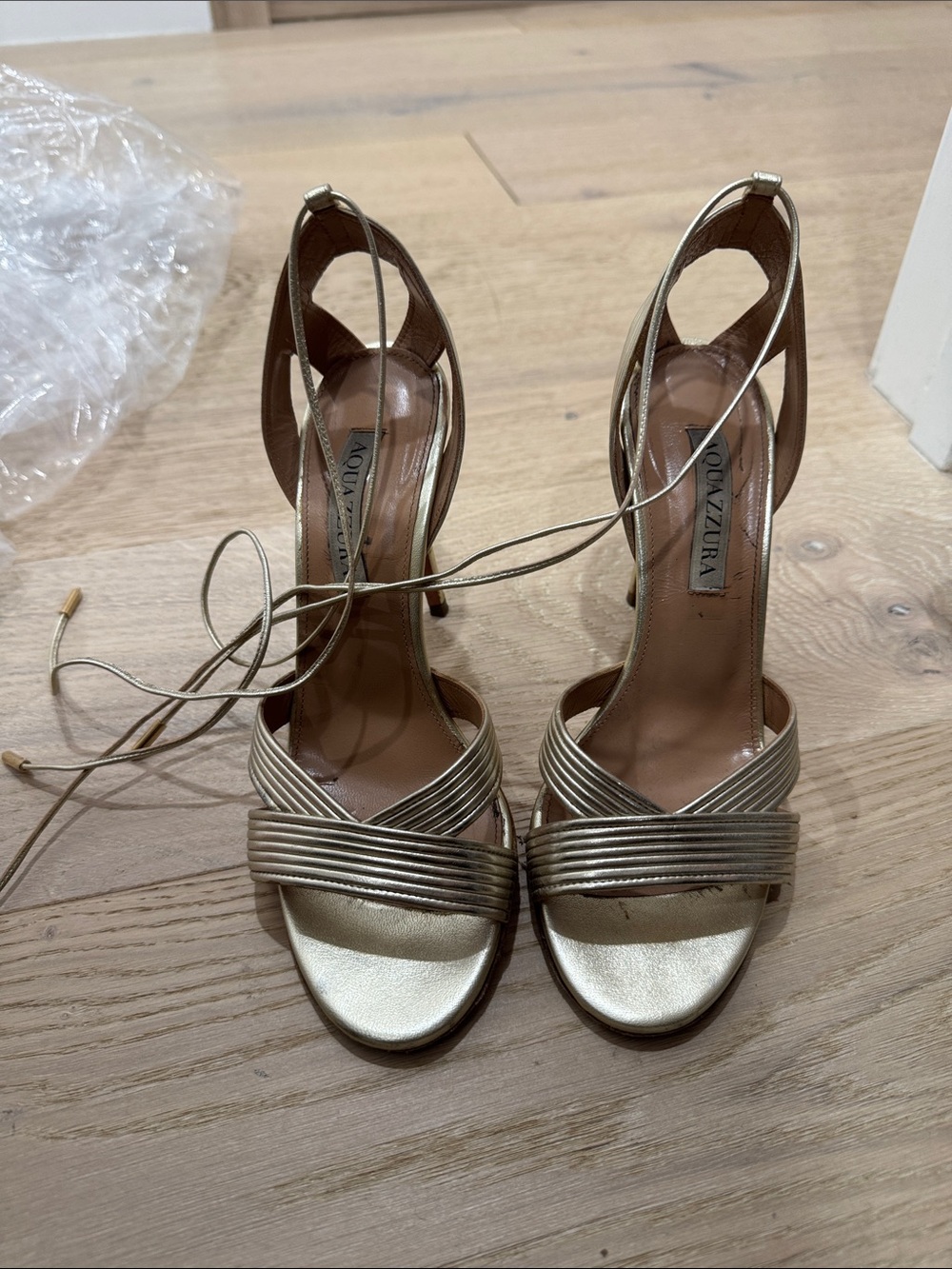 Aquazzura Gold Lace-Up Strappy Stiletto Sandals